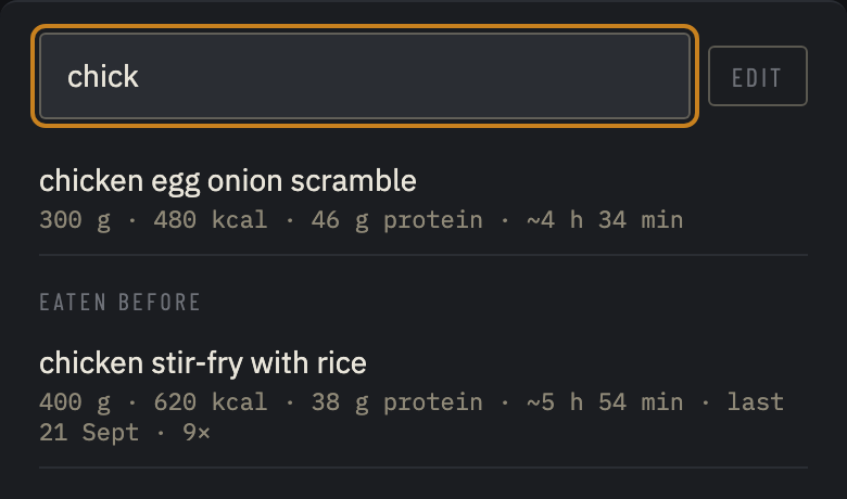 The star sheet searching past meals: a favourite first, then earlier meals with when and how often